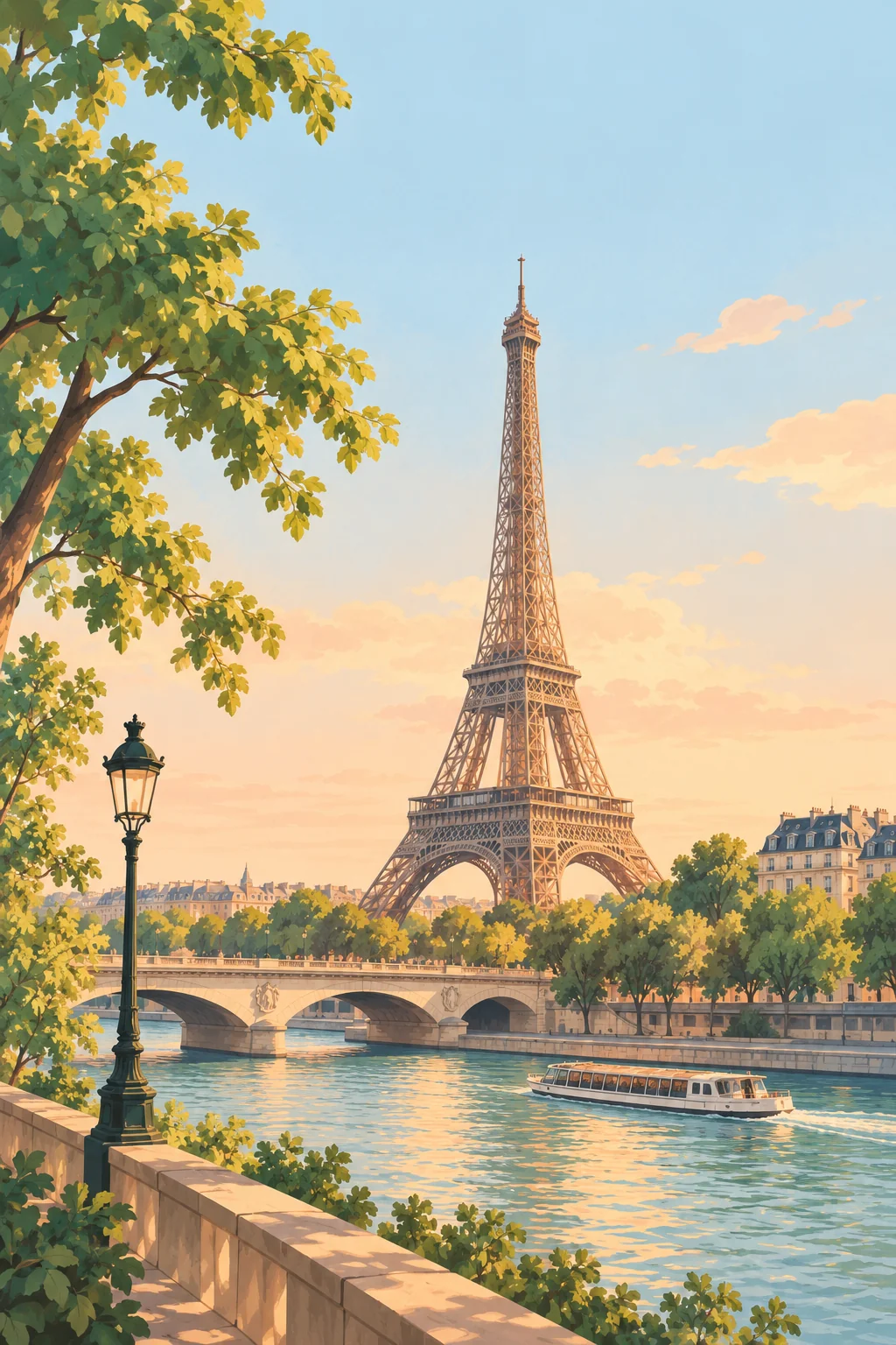 Illustration of the Eiffel Tower beside the Seine